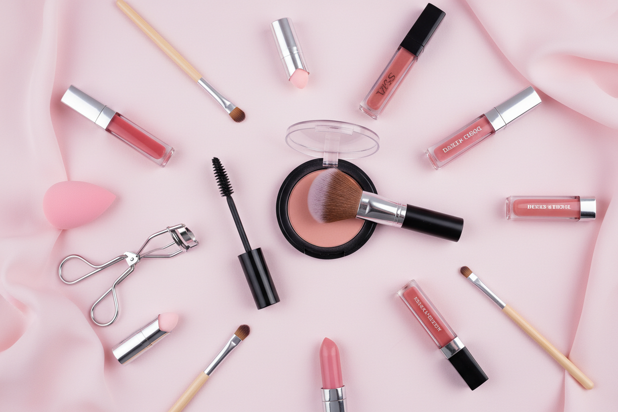 makeup products pink background